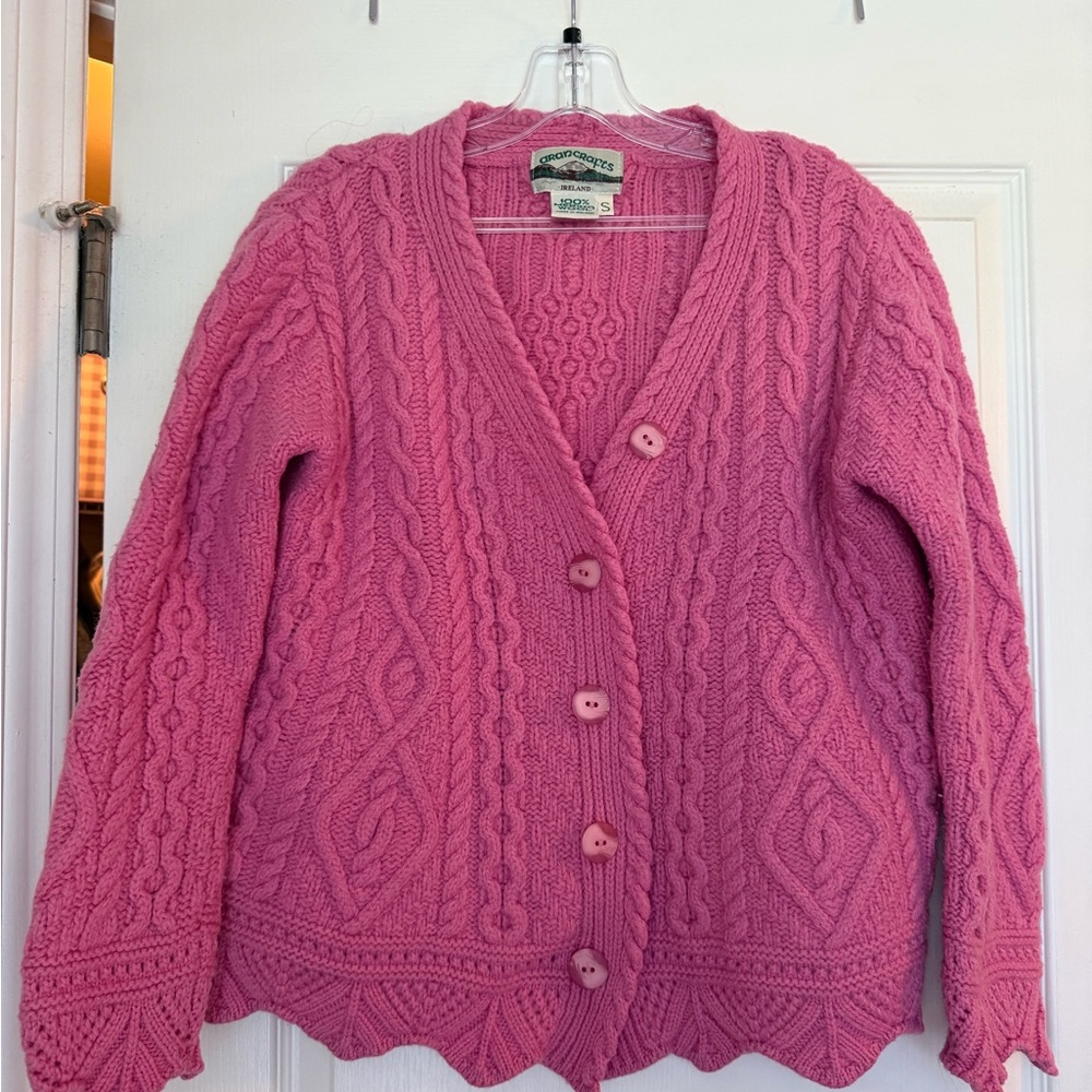 Aran Crafts Ireland Pink Cable-Knit Button Front Cardigan Sweater